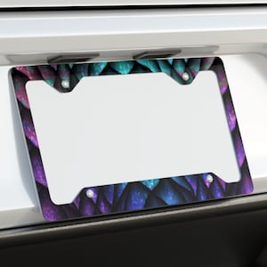 May include: A silver car with a black license plate frame featuring a colorful, iridescent, abstract design. The frame has four silver screws.