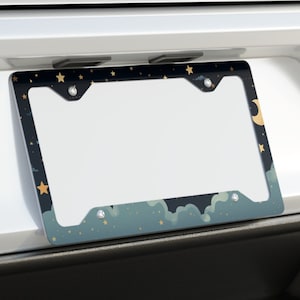 Moon and Stars Metal License Plate Frame, Cute Kawaii Night Sky Vanity Plate Holder, Perfect Gift to Drive in Style! ULTRA SLIM ALUMINUM