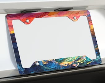 Ocean Sunset Metal License Plate Frame, Stained Glass Art Style Mosaic Look, Best Friend Gift, ULTRA SLIM ALUMINUM, Sunrise Orange Sky Waves