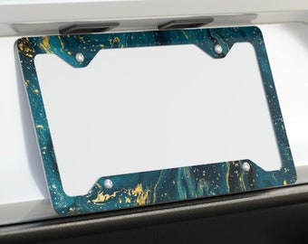 Abstract Marble License Plate Frame, Colorful Paint & Gold Look Flecks Vanity Plate Holder, Perfect Gift Drive in Style SUPER SLIM ALUMINUM