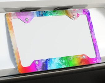 Rainbow Marble Look Metal License Plate Frame, SLIM ALUMINUM, Colorful