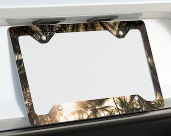Palm Trees License Plate Frame, Vintage Retro Vibes Sunshine SUPER SLIM ALUMINUM Vibrant Glossy Finish