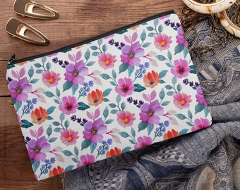 Floral Accessory Pouch // Zippered Makeup, Travel, Art Case // Beautiful Pink, Purple and Orange Floral Design