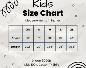 Gildan 5000B Size Chart // Kids 100% Cotton T-Shirt Mockup // Meaurements in Inches Chest Width Length // Neutral Natural Black // JPG PNG