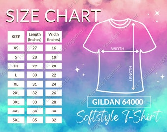 Gildan 64000 Größentabelle, JPG-Designvorlage, T-Shirt-Größentabelle für Softstyle Erwachsene mit Rundhalsausschnitt, 64000 Mockup-Galeriefoto
