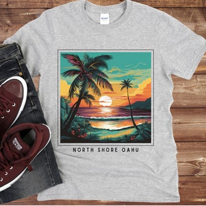 North Shore Oahu Hawaii Shirt, Surfer Hawaiian Beach, Palm Trees Ocean Sunset Sunrise Family Vacation Honeymoon Souvenier