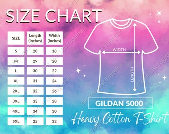 Gildan 5000 Size Chart, T-Shirt Sizing Guide for Heavy Cotton Adult Crew Neck Tee, JPG Design Template, 5000 Mockup Gallery Photo