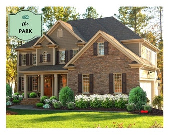 May include: A two-storey house with a brown brick exterior and a green roof. The house has a large front porch with white columns and a wooden door. There are white flowers and green bushes in the front garden.