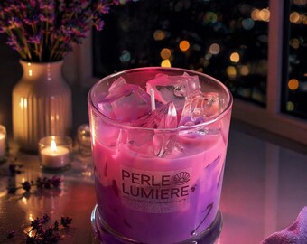 Vela Gelada de Lavanda e Morango com Latte | Vela de Cera de Soja para Sobremesa | Aroma de Lavanda e Morango | Presente Estético para Mães, Professoras, Presente de Primavera