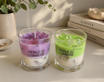 Set PERLE LUMIERE – Velas de lavanda helada y matcha latte / Aroma a lavanda y bergamota / Juego de velas de lujo hechas a mano