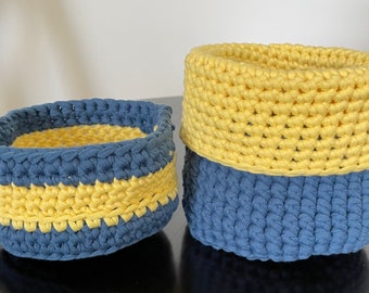 Multiple Use Blue Yellow Set of Baskets Hand Crocheted T-shirt Yarn