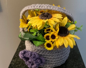 DECORATIVE Lavender Hand Crocheted BASKET with Handle and Flower