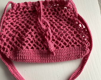 Pink Hand crocheted shoulder market tote bag