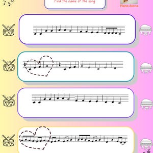 Pode incluir: Uma folha de trabalho de música com quatro linhas de notação musical. O texto "clap and play" e "Find the name of the song" está no topo. A imagem também inclui ilustrações de tambores, pianos e notas musicais.
