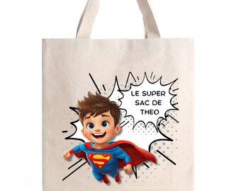 Tote bag enfant super héros garçon personnalisable avec prénom en coton, petit garçon