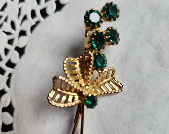 Dainty Emerald green flower bouquet brooch pin goldtoned