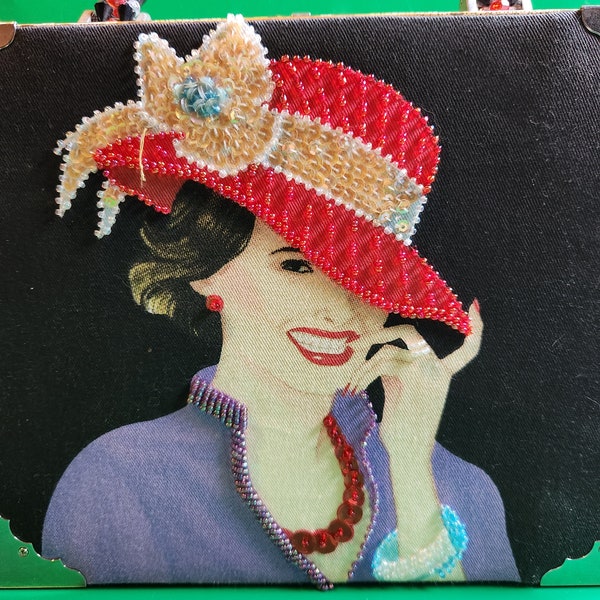 SALE>>>Rare Vintage Art Deco Braciano Cigar Box Handbag Lady with Red Hat beaded handle