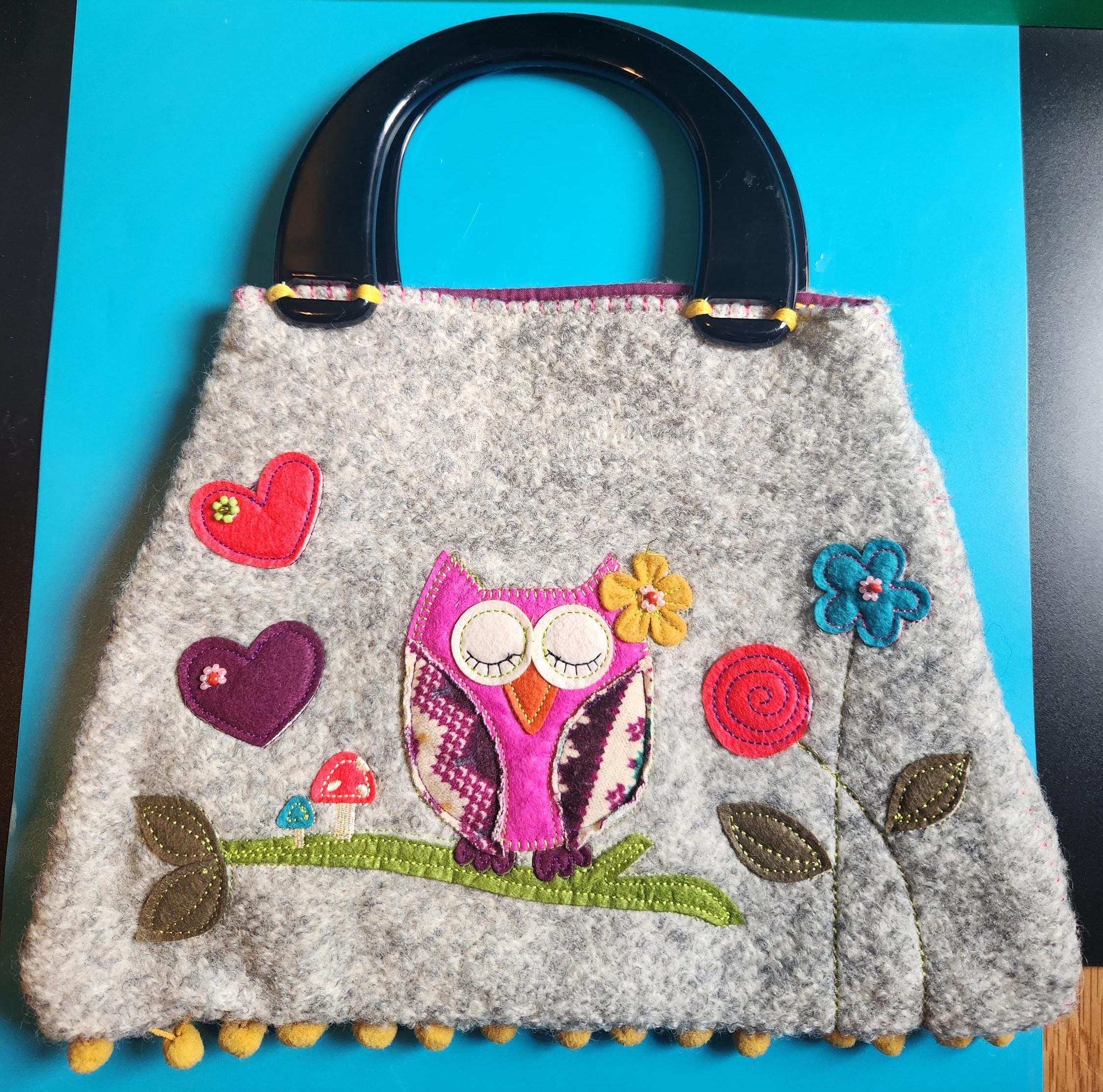 REDUCED  Natural Life Boho purse with  felted Owl and flowers and acrylic handles