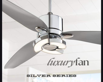 56" Modern 3 Blade Indoor Ceiling Fan with LED Light Remote Control Chrome Silver White Diffuser for Living Kitchen House Fan with light