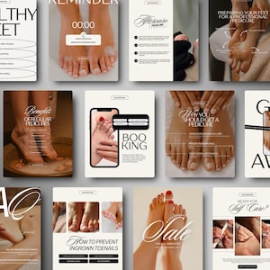 Può includere: Una raccolta di immagini promozionali relative alla cura dei piedi e alla pedicure. Le immagini mostrano i piedi in varie fasi di cura, tra cui ammollo, trattamenti per le unghie e consigli per la cura successiva. Il testo include "Vantaggi delle pedicure regolari" e "Black Friday Sale."