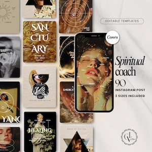 Op de afbeelding: Een verzameling Instagram post templates voor een spirituele coach. Het ontwerp bevat verschillende afbeeldingen met tekstoverlays, waaronder de woorden "Sanctuary", "Energy" en "Healing". Een smartphone toont een foto van een persoon met overlay tekst. Het Canva logo is zichtbaar.