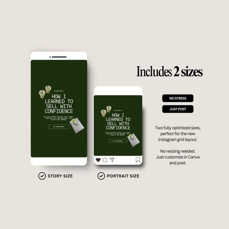 Puede incluir: Plantilla de marketing digital para Instagram, con dos maquetas de tel&eacute;fono que muestran un gr&aacute;fico verde oscuro con el texto "HOW I LEARNED TO SELL WITH CONFIDENCE". Incluye opciones de "Story Size" y "Portrait Size", con el texto "Includes 2 sizes."