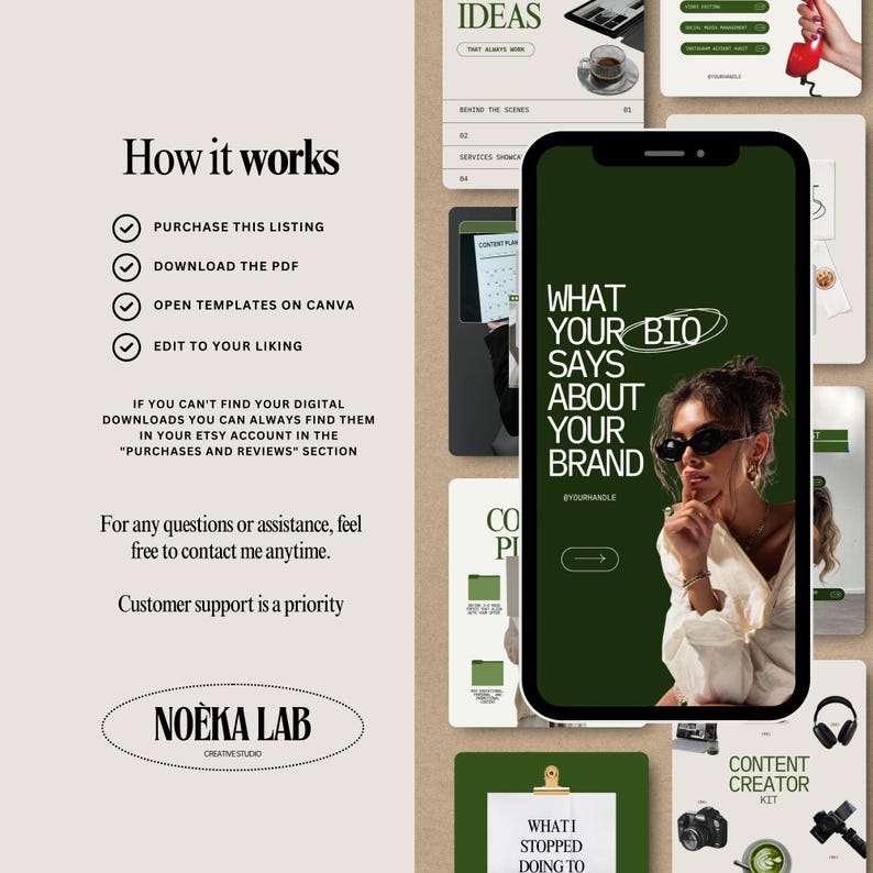 Puede incluir: Un dise&ntilde;o de marketing digital con un tel&eacute;fono que muestra "What Your Bio Says About Your Brand". La imagen incluye un kit de creador de contenido, un logotipo e instrucciones: "Compra este listado, descarga el PDF, abre plantillas en Canva, edita a tu gusto."