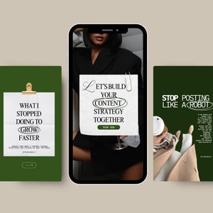 Puede incluir: Tres gr&aacute;ficos de redes sociales sobre un fondo verde oscuro. El gr&aacute;fico de la izquierda tiene el texto "QU&Eacute; DEJ&Eacute; DE HACER PARA CRECER M&Aacute;S R&Aacute;PIDO". El gr&aacute;fico central muestra un tel&eacute;fono con el texto "CONSTRUYAMOS JUNTOS TU ESTRATEGIA DE CONTENIDO". El gr&aacute;fico de la derecha dice "DEJA DE PUBLICAR COMO UN ROBOT".