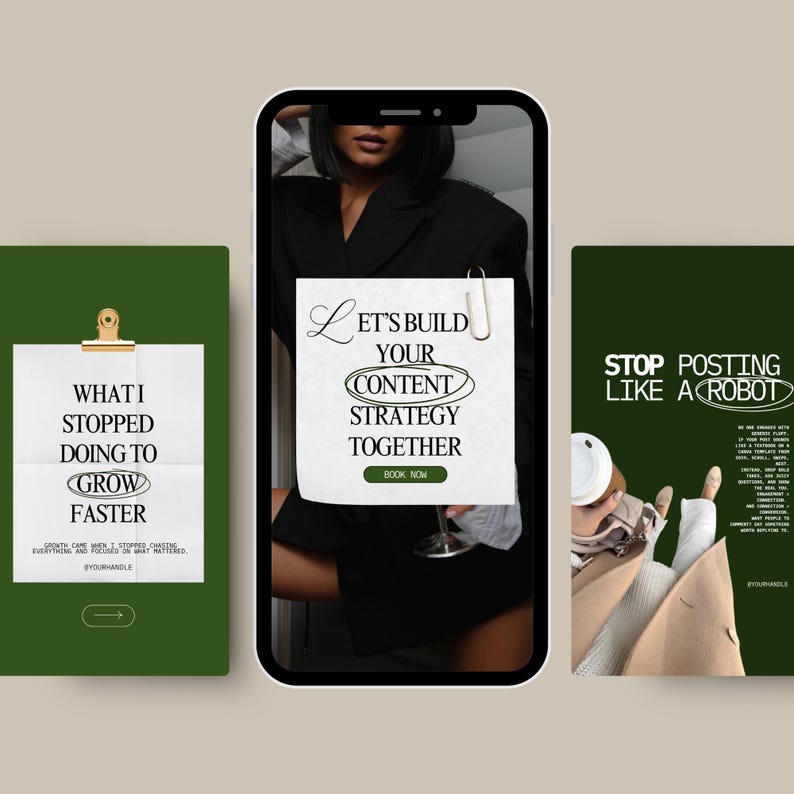 Puede incluir: Tres gr&aacute;ficos de redes sociales sobre un fondo verde oscuro. El gr&aacute;fico de la izquierda tiene el texto "QU&Eacute; DEJ&Eacute; DE HACER PARA CRECER M&Aacute;S R&Aacute;PIDO". El gr&aacute;fico central muestra un tel&eacute;fono con el texto "CONSTRUYAMOS JUNTOS TU ESTRATEGIA DE CONTENIDO". El gr&aacute;fico de la derecha dice "DEJA DE PUBLICAR COMO UN ROBOT".