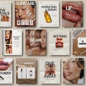 Puede incluir: Una colección de carteles promocionales para el cuidado de la piel y tratamientos de belleza. Los carteles presentan imágenes de rostros, labios y productos para el cuidado de la piel, con textos como "SKINCARE" y "HYDRATING SERUM."