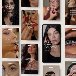 Puede incluir: Una colección de publicaciones en redes sociales con temática de belleza y maquillaje. Las publicaciones presentan imágenes de aplicación de maquillaje, primeros planos de ojos y labios, y superposiciones de texto con frases como "Red Lips Never Go Out of Style" y "Last-Minute Bookings This Week".