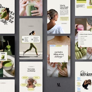 May include: A collage of social media posts with a wellness theme. The images feature matcha drinks, text overlays with phrases like "your body is talking, are you listening?" and "how to stop overthinking," and a woman running. The color palette includes green, beige, and white.