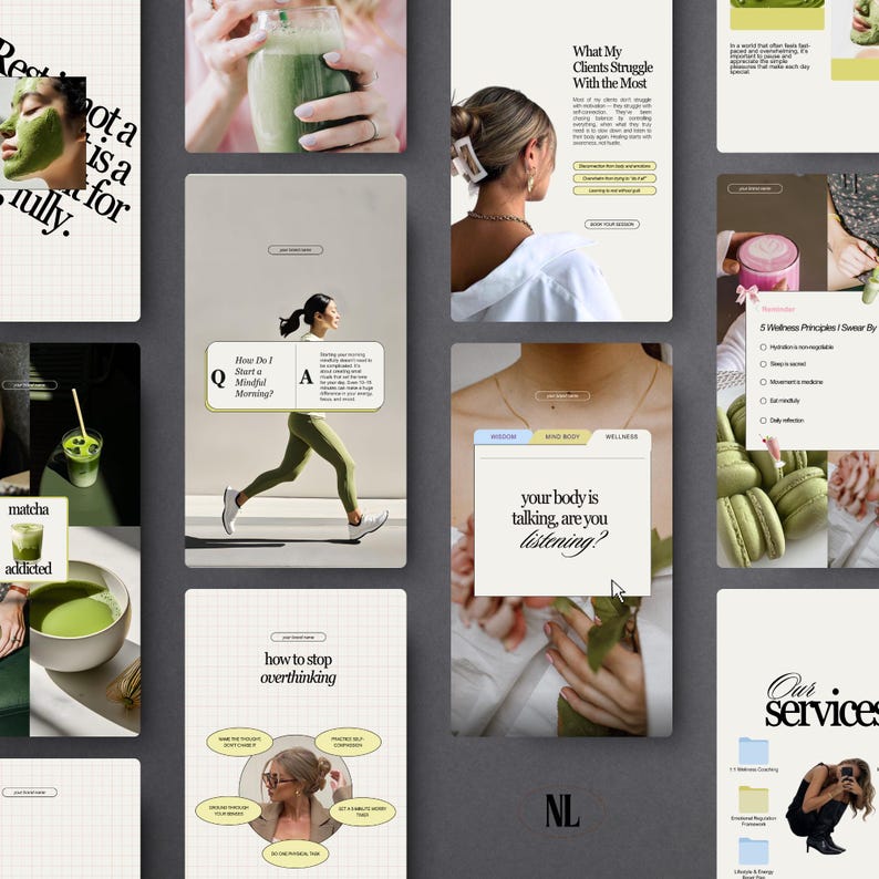 May include: A collage of social media posts with a wellness theme. The images feature matcha drinks, text overlays with phrases like "your body is talking, are you listening?" and "how to stop overthinking," and a woman running. The color palette includes green, beige, and white.