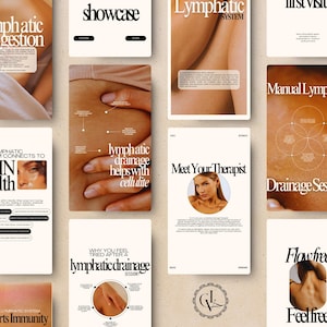 K&ouml;nnte beinhalten: Eine Sammlung von Werbematerialien mit beigem Hintergrund. Die Materialien umfassen Karten mit Text wie "showcase", "Lymphatic System" und "lymphatic drainage helps with cellulite". Die Karten enthalten Bilder und Text.