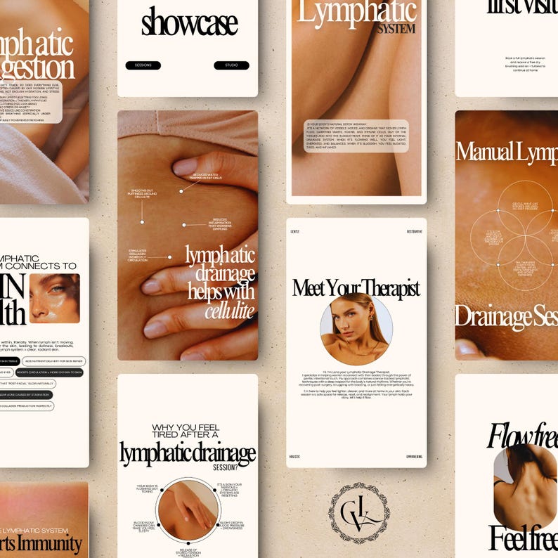 K&ouml;nnte beinhalten: Eine Sammlung von Werbematerialien mit beigem Hintergrund. Die Materialien umfassen Karten mit Text wie "showcase", "Lymphatic System" und "lymphatic drainage helps with cellulite". Die Karten enthalten Bilder und Text.
