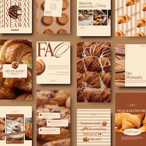 May include: A collection of images showcasing baked treats. Croissants, cookies, and cinnamon swirls are presented against different backdrops. Text includes "Giveaway," "Bakery," "FAQ," and "Happiness smells like something fresh out of the oven."