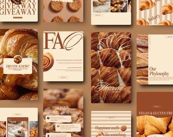 Pode incluir: Uma colagem de imagens com produtos de panificação. Croissants, biscoitos e rolinhos de canela são exibidos em vários fundos. O texto inclui "Giveaway", "Bakery", "FAQ" e "Happiness smells like something fresh out of the oven."