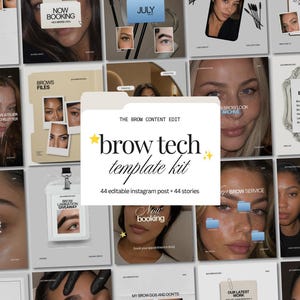 Könnte beinhalten: Ein digitales Marketing-Vorlagen-Kit für Augenbrauen-Techniker mit 44 bearbeitbaren Instagram-Posts und 44 Stories. Die zentrale Grafik zeigt den Text THE BROW CONTENT EDIT brow tech template kit mit gelben Sternsymbolen auf einem weißen Ordner.