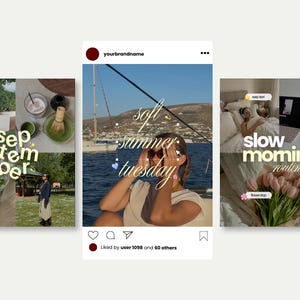 May include: A digital collage of three social media post templates featuring lifestyle imagery. The left panel shows matcha drinks and outdoor scenes with the text "september". The center panel displays a person on a boat with the text "soft summer tuesday". The right panel shows a bedroom and flowers with the text "slow morning routine".