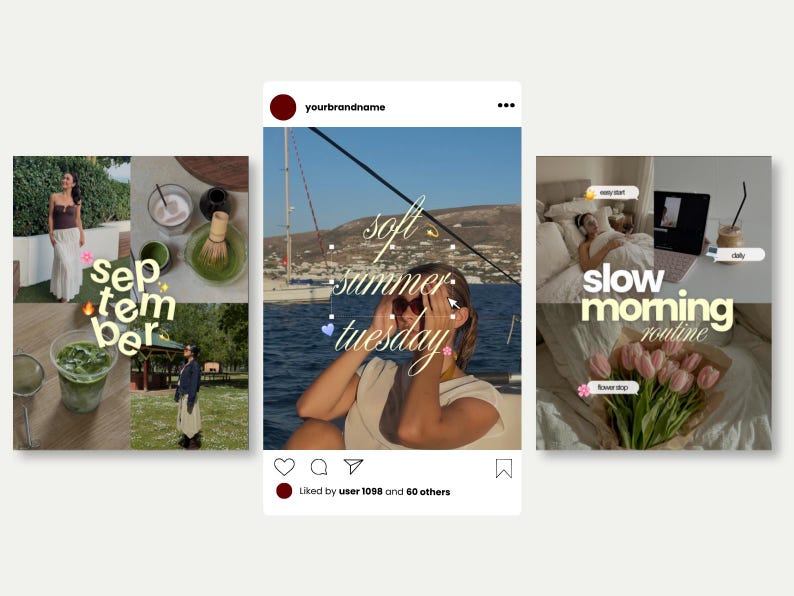 May include: A digital collage of three social media post templates featuring lifestyle imagery. The left panel shows matcha drinks and outdoor scenes with the text "september". The center panel displays a person on a boat with the text "soft summer tuesday". The right panel shows a bedroom and flowers with the text "slow morning routine".