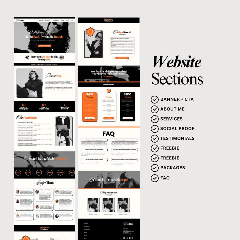 K&ouml;nnte beinhalten: Ein Website-Design-Layout mit schwarzen, wei&szlig;en und orangefarbenen Elementen. Das Design umfasst Abschnitte f&uuml;r Banner, &Uuml;ber mich, Dienstleistungen, Social Proof, Testimonials, Freebies, Pakete und FAQ. Text: "Bold Bold, Profitable Brands."