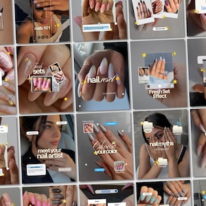 Puede incluir: Un collage de publicaciones en redes sociales con varios estilos de uñas manicuradas, incluyendo formas almendradas, cuadradas y de estilete con colores sólidos, puntas francesas y detalles de purpurina, con etiquetas de texto como nail reset y details.