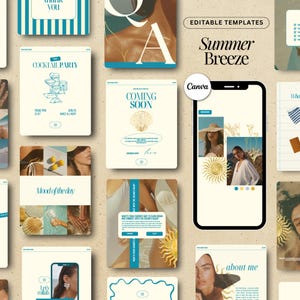 May include: A collection of editable templates with a summer theme. The templates feature a light beige background with teal accents and include text such as "Summer Breeze", "Cocktail Party", and "Coming Soon". A smartphone displays images of people and a sun graphic.