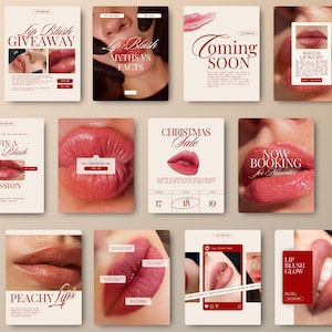Op de afbeelding: Een verzameling promotiekaarten met het thema lip blush. De kaarten bevatten afbeeldingen van lippen, teksten als "Lip Blush Giveaway", "Coming Soon" en "Christmas Sale", en social media-iconen. Het kleurenpalet omvat rood, beige en roze.
