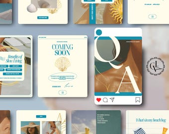 May include: A collection of social media graphics with a beach theme. The graphics feature seashells, starfish, and text such as "Coming Soon" and "Benefits of Slow Living." The color palette includes light blue, beige, and gold accents.
