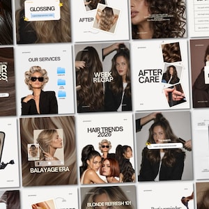 Pode incluir: Uma coleção de modelos de redes sociais para um salão de cabeleireiro com várias imagens de pessoas com cabelo estilizado e sobreposições de texto como Salon Hair Files, Our Services, Week Recap, After Care, Now Booking e Hair Trends 2026.