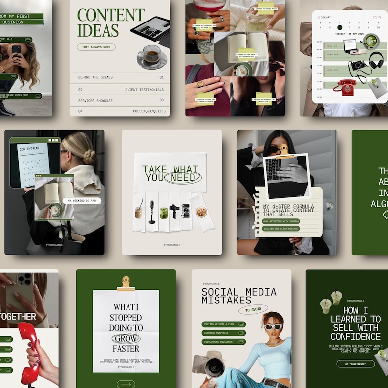 Puede incluir: Una colecci&oacute;n de gr&aacute;ficos sobre marketing digital y negocios. Las im&aacute;genes presentan superposiciones de texto con frases como "Content Ideas", "Take What You Need" y "Social Media Mistakes". La paleta de colores incluye tonos blancos, verdes y beige, con varios objetos.