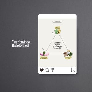 May include: An Instagram post graphic with a light background and a dark gray border. The graphic features a triangle with the text "3 ways to regulate your energy naturally." The triangle's points include images of glasses, a drink, a sweater, and a yoga mat.