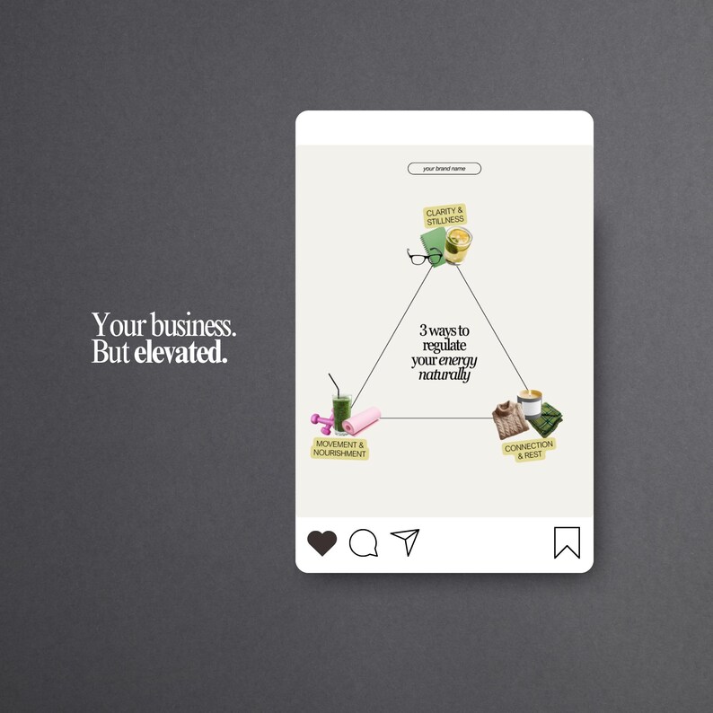 May include: An Instagram post graphic with a light background and a dark gray border. The graphic features a triangle with the text "3 ways to regulate your energy naturally." The triangle's points include images of glasses, a drink, a sweater, and a yoga mat.