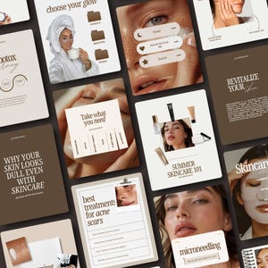 May include: A collection of social media graphics featuring skincare themes, including text overlays like 'choose your glow', 'revitalize your skin', 'summer skincare 101', and 'best treatments for acne scars' alongside images of facial treatments.